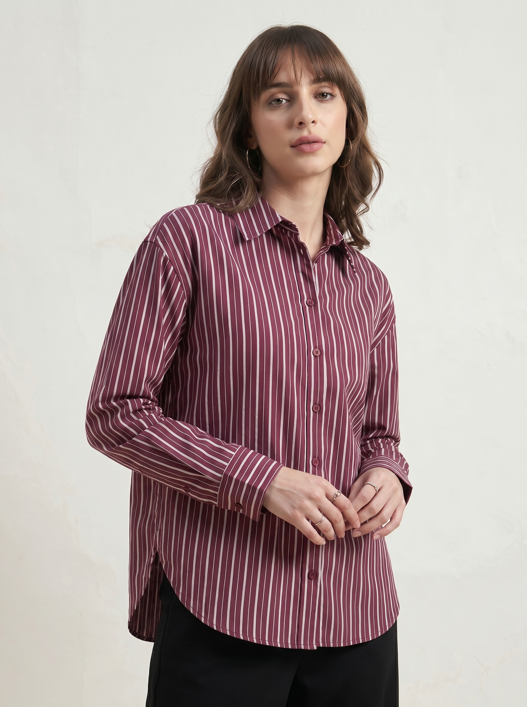 Beatnik Women Wine Oversized Tencel Striped Full Sleeve Casual Shirt