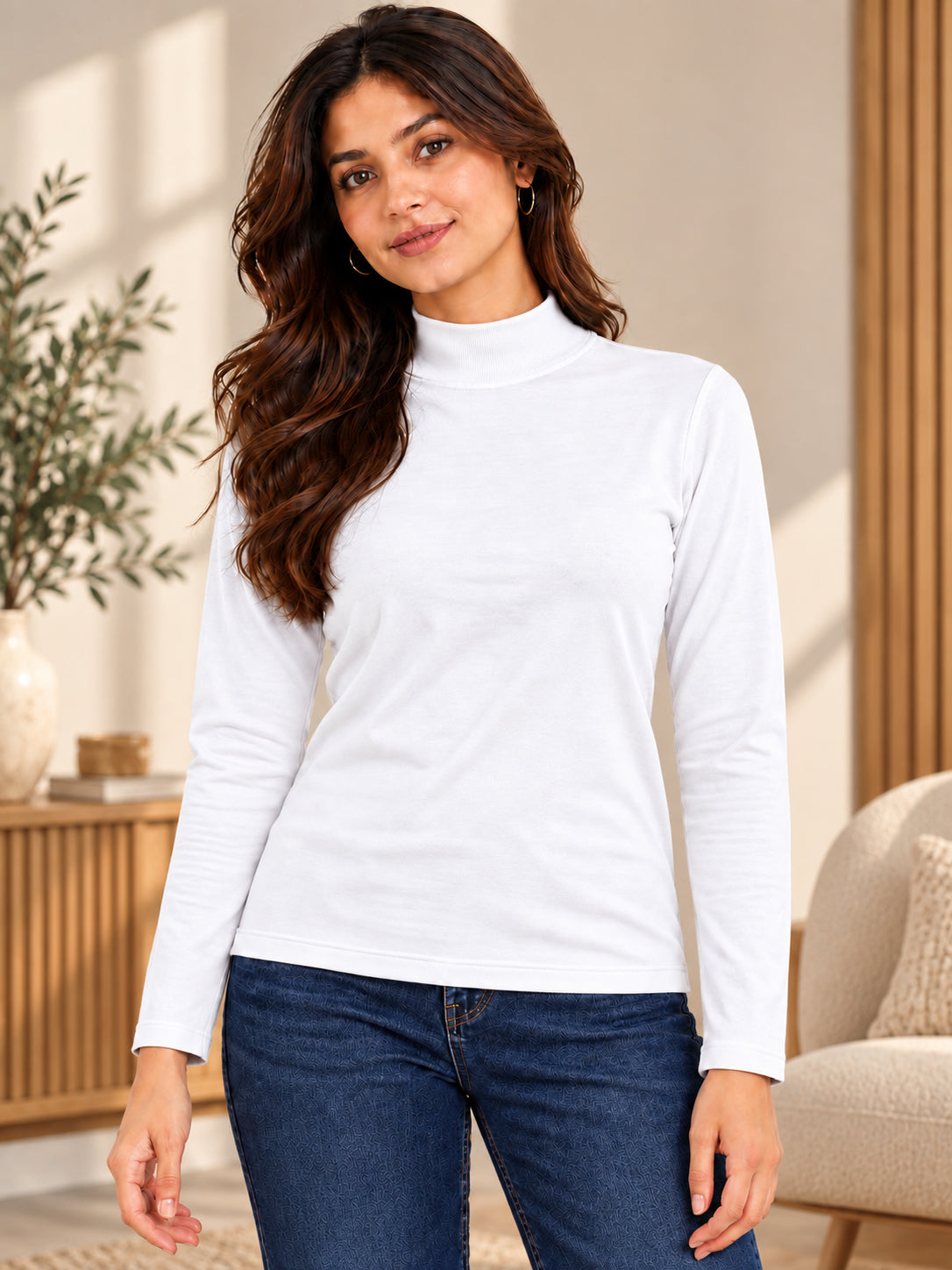 Women’s White Full Sleeve High-Neck Sweater – Viscose Blend