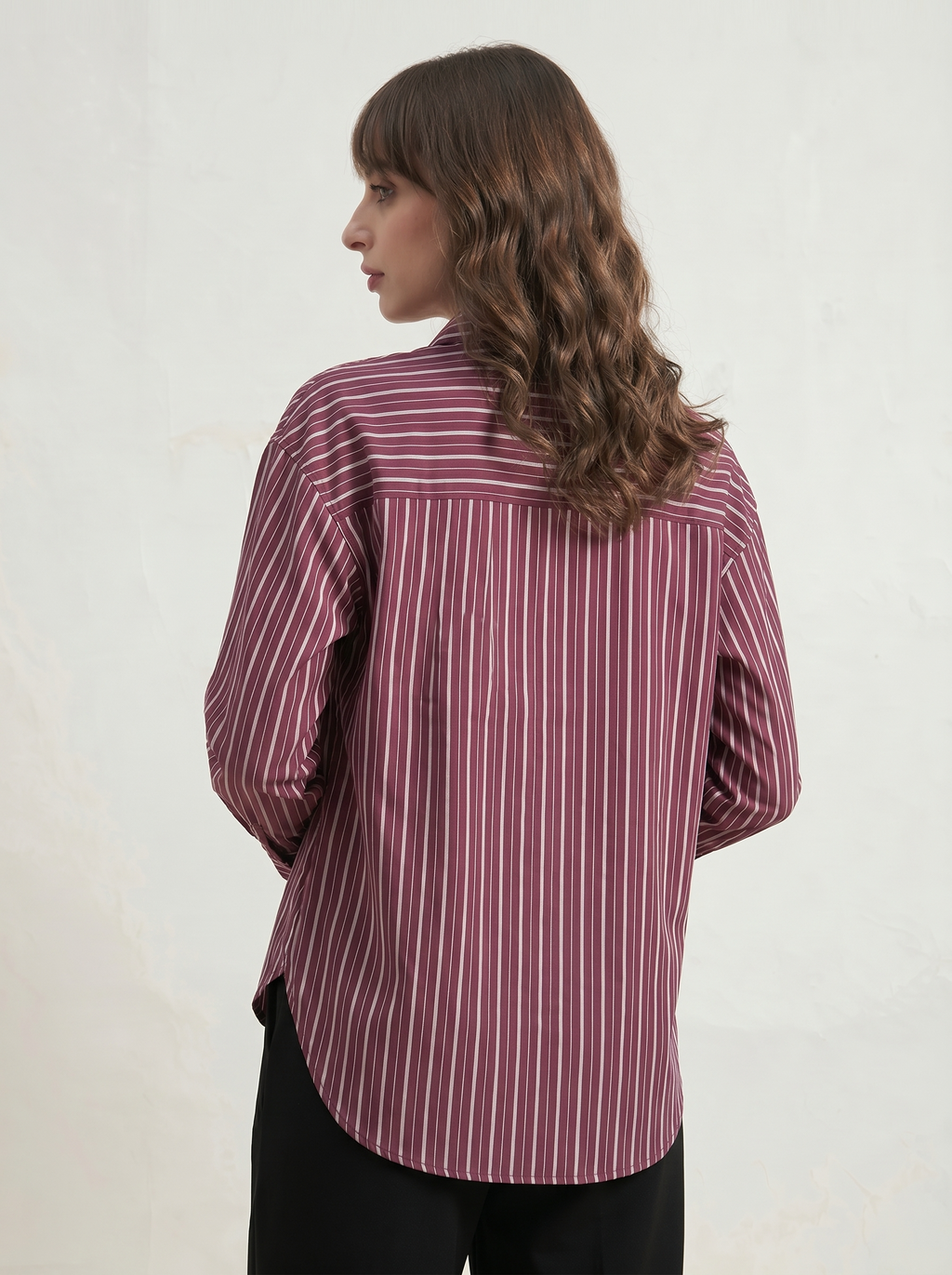 Beatnik Women Wine Oversized Tencel Striped Full Sleeve Casual Shirt