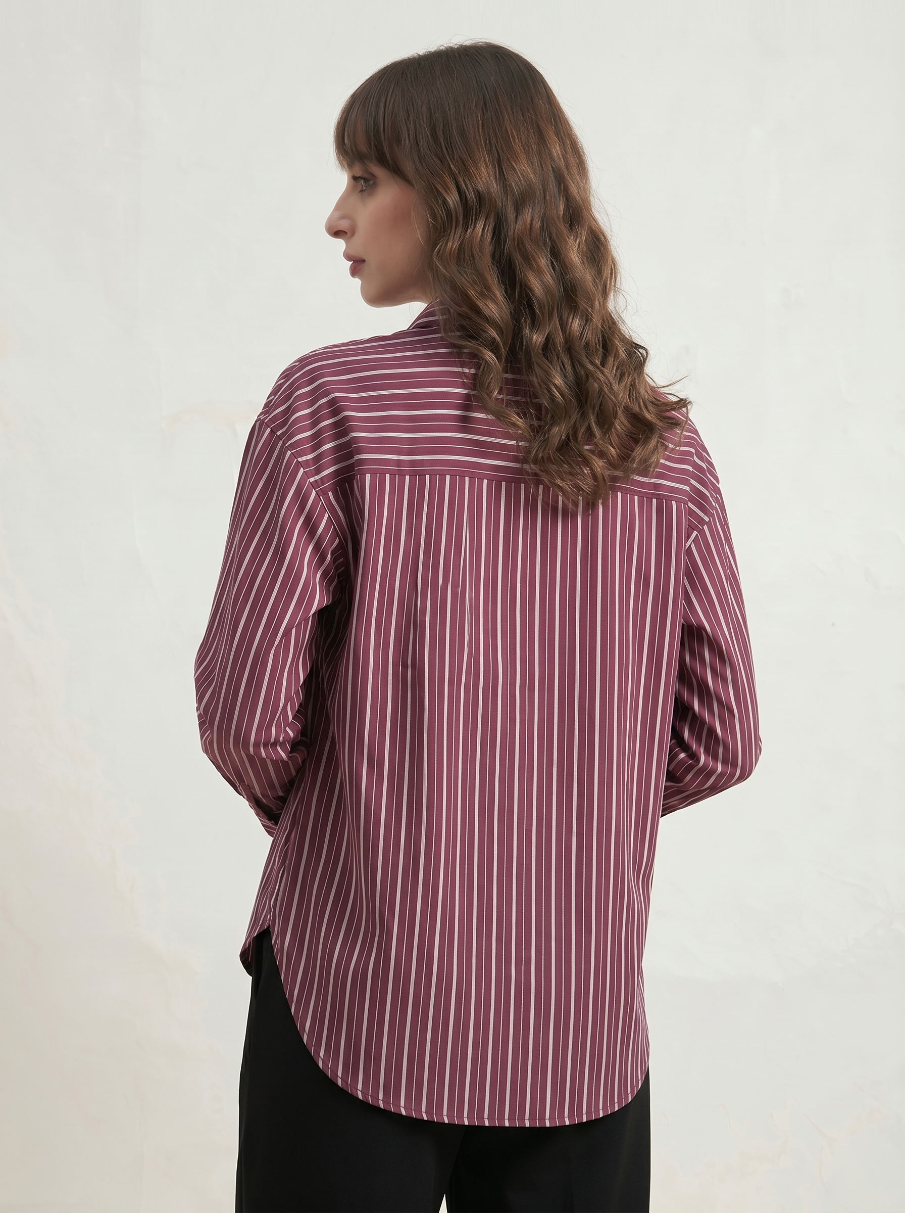 Beatnik Women Wine Oversized Tencel Striped Full Sleeve Casual Shirt