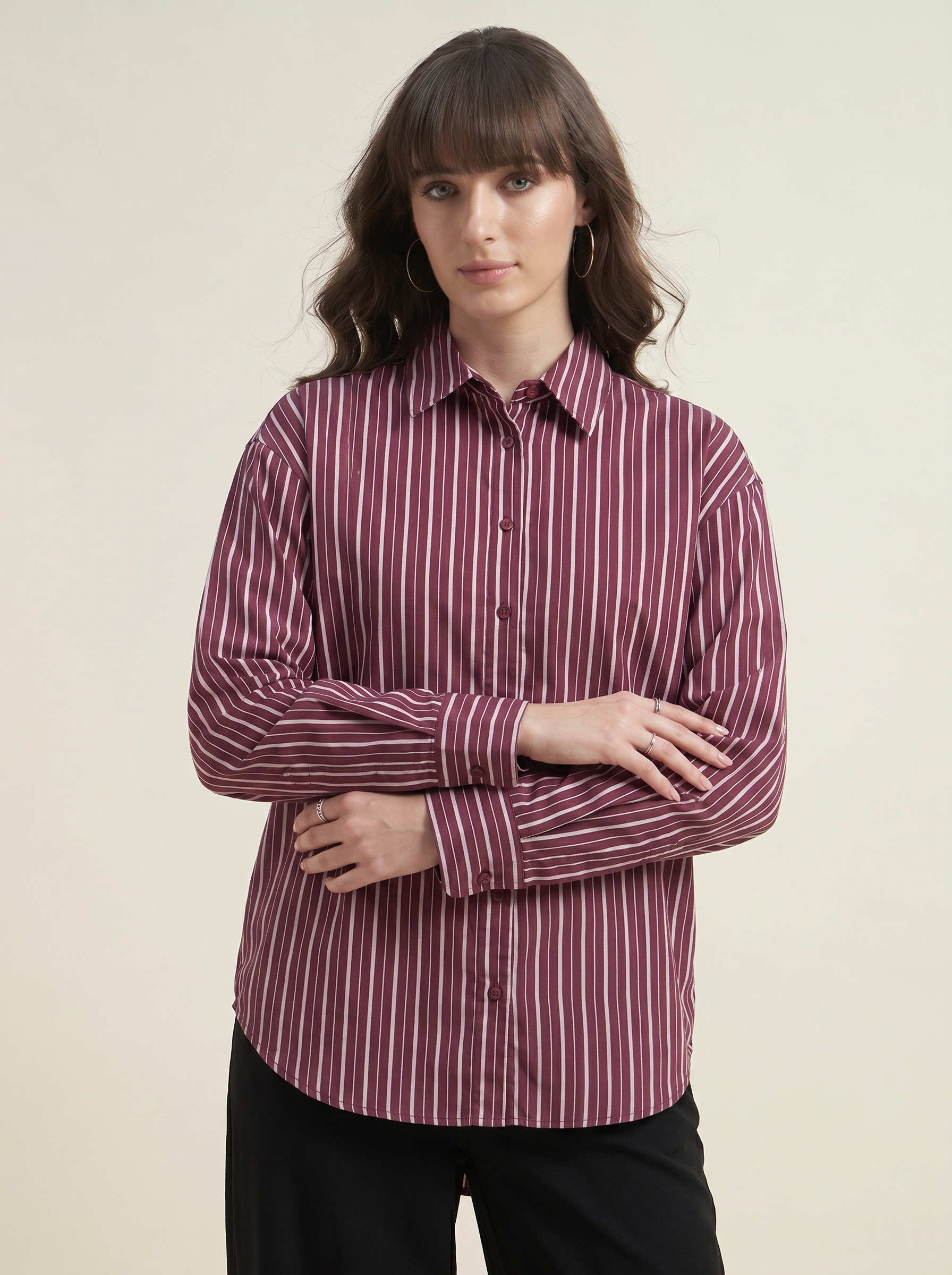 Beatnik Women Wine Oversized Tencel Striped Full Sleeve Casual Shirt