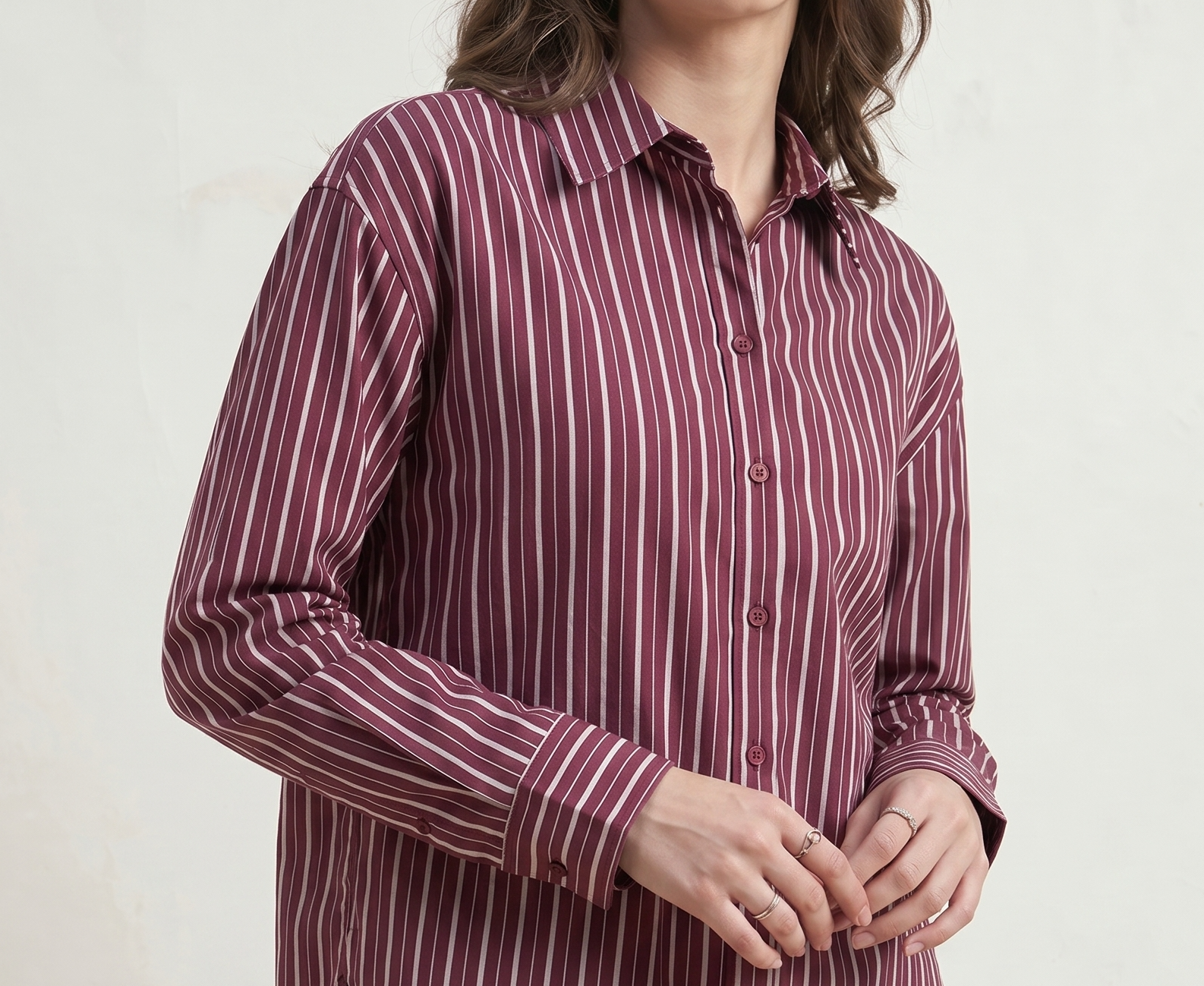 Beatnik Women Wine Oversized Tencel Striped Full Sleeve Casual Shirt