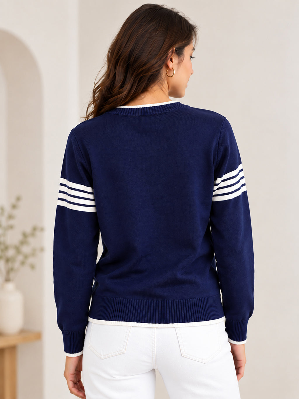 Women Navy Blue Flat Knit Striped Full Sleeve Stretchable Sweater