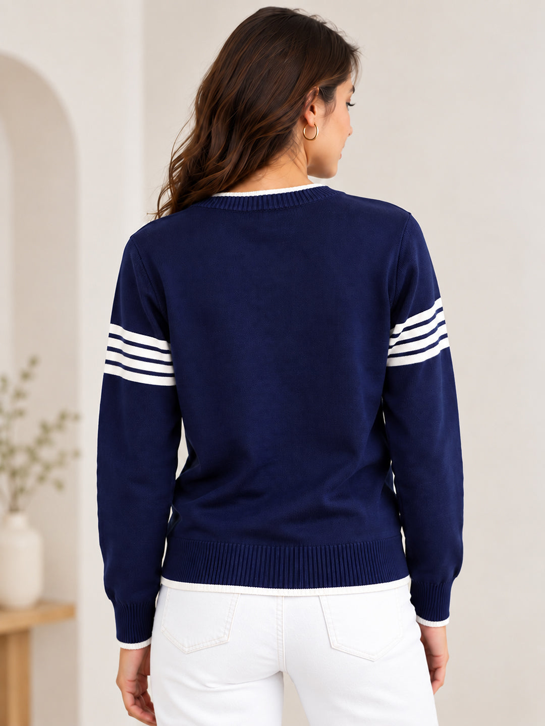 Women Navy Blue Flat Knit Striped Full Sleeve Stretchable Sweater