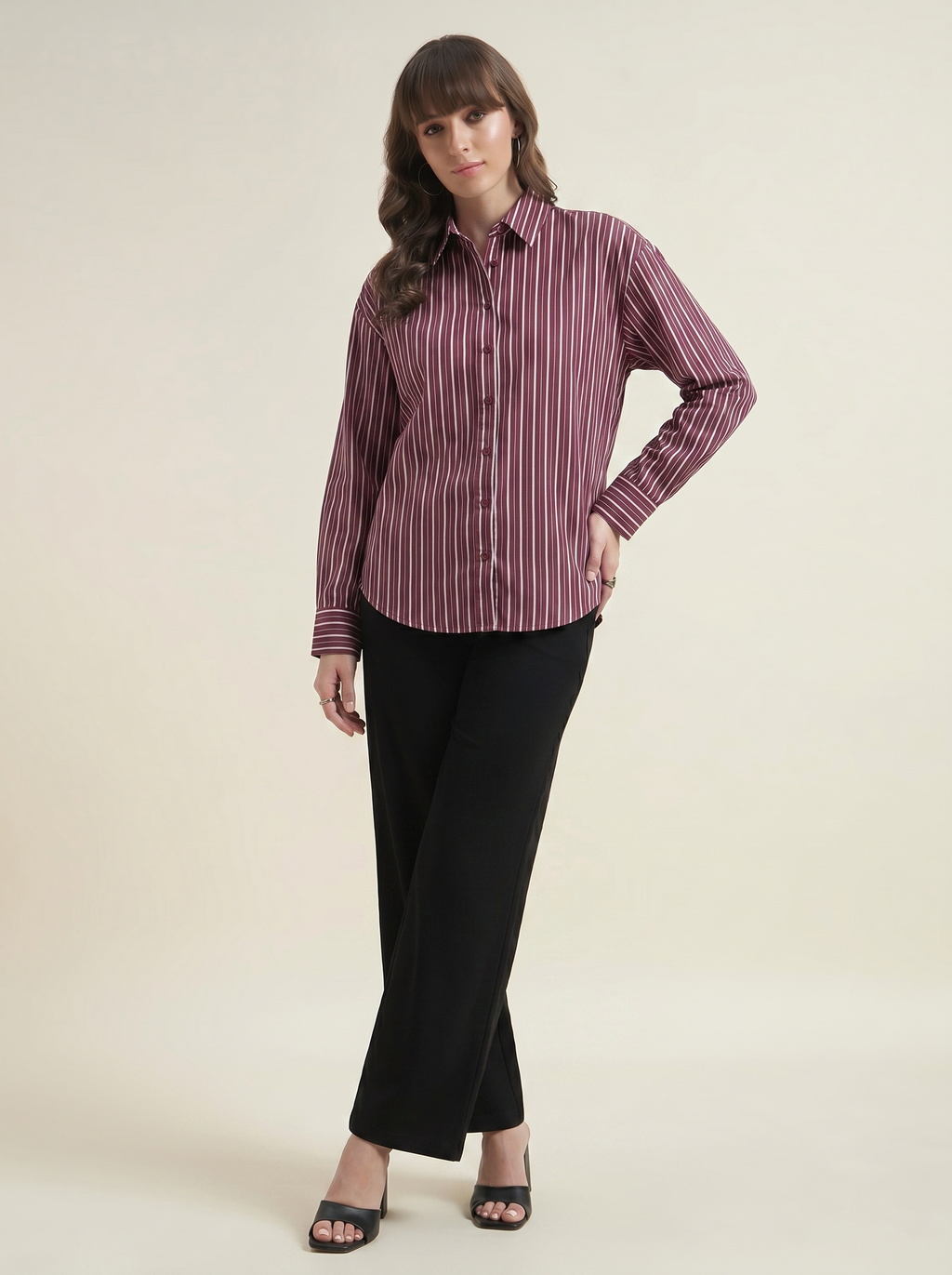 Beatnik Women Wine Oversized Tencel Striped Full Sleeve Casual Shirt