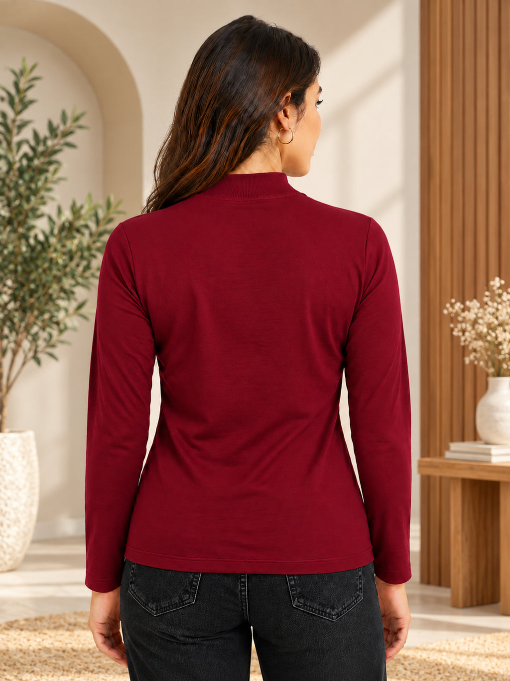 Women’s Maroon Full Sleeve High-Neck Sweater – Viscose Blend