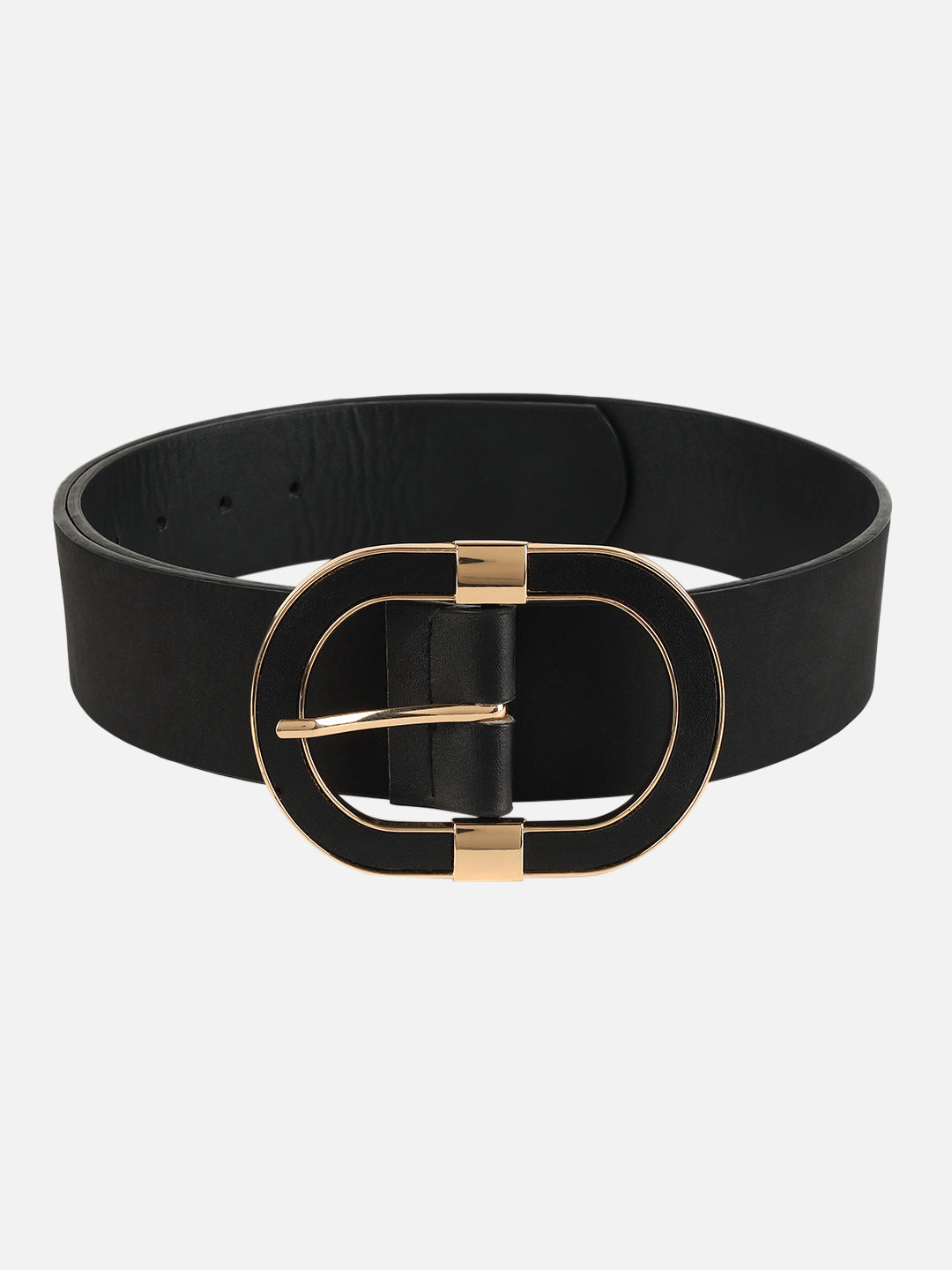 Women Black Wide Push Pin Formal Artificial leather Oval shape Buckle Belt (28 to 32)