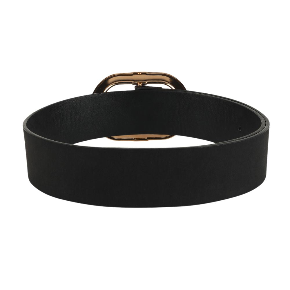 Women Black Wide Push Pin Formal Artificial leather Oval shape Buckle Belt (28 to 32)