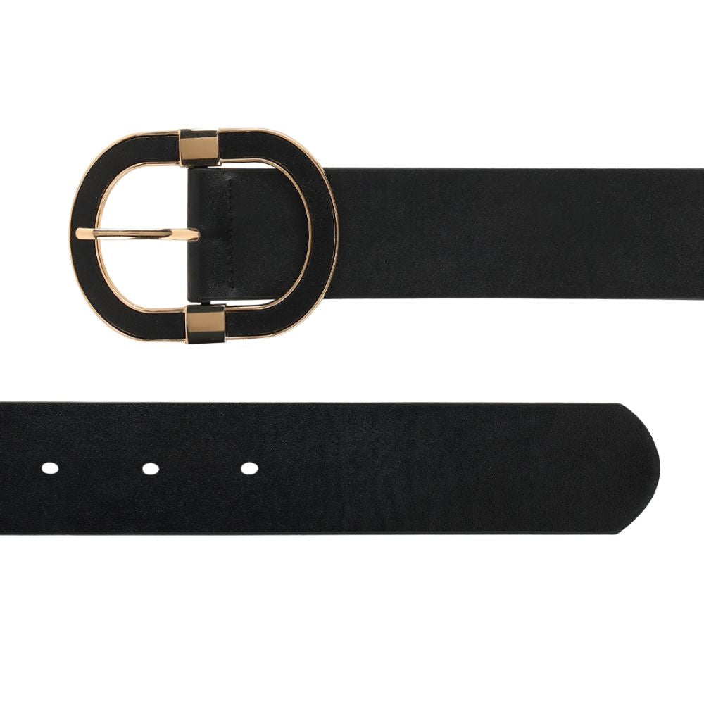 Women Black Wide Push Pin Formal Artificial leather Oval shape Buckle Belt (28 to 32)