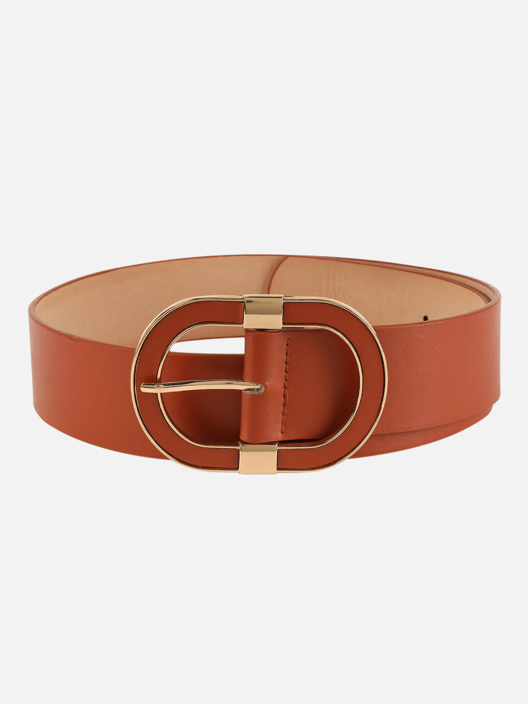 Women Brown Wide Push Pin Formal Artificial leather Oval shape Buckle Belt (28 to 32)