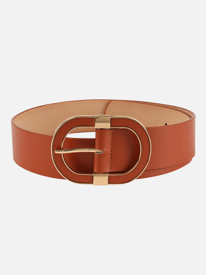 Women Brown Wide Push Pin Formal Artificial leather Oval shape Buckle Belt (28 to 32)