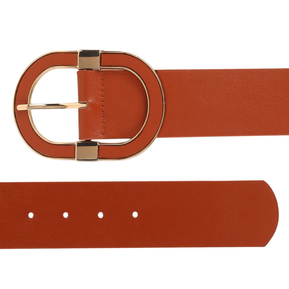 Women Brown Wide Push Pin Formal Artificial leather Oval shape Buckle Belt (28 to 32)