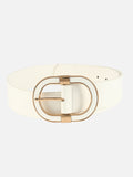 Women White Wide Push Pin Formal Artificial leather Oval shape Buckle Belt (28 to 32)