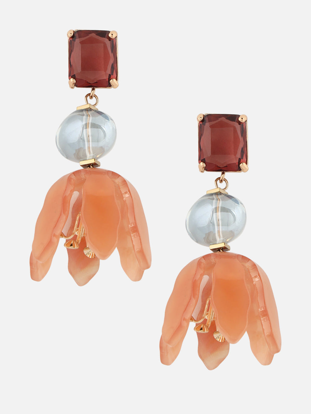 Beatnik Drop Earrings with Floral Resin Design & Gemstone Detailing (Brown)