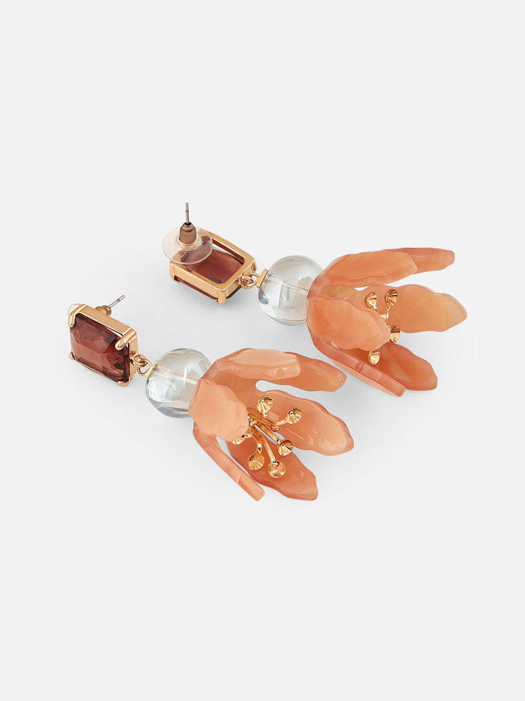 Beatnik Drop Earrings with Floral Resin Design & Gemstone Detailing (Brown)