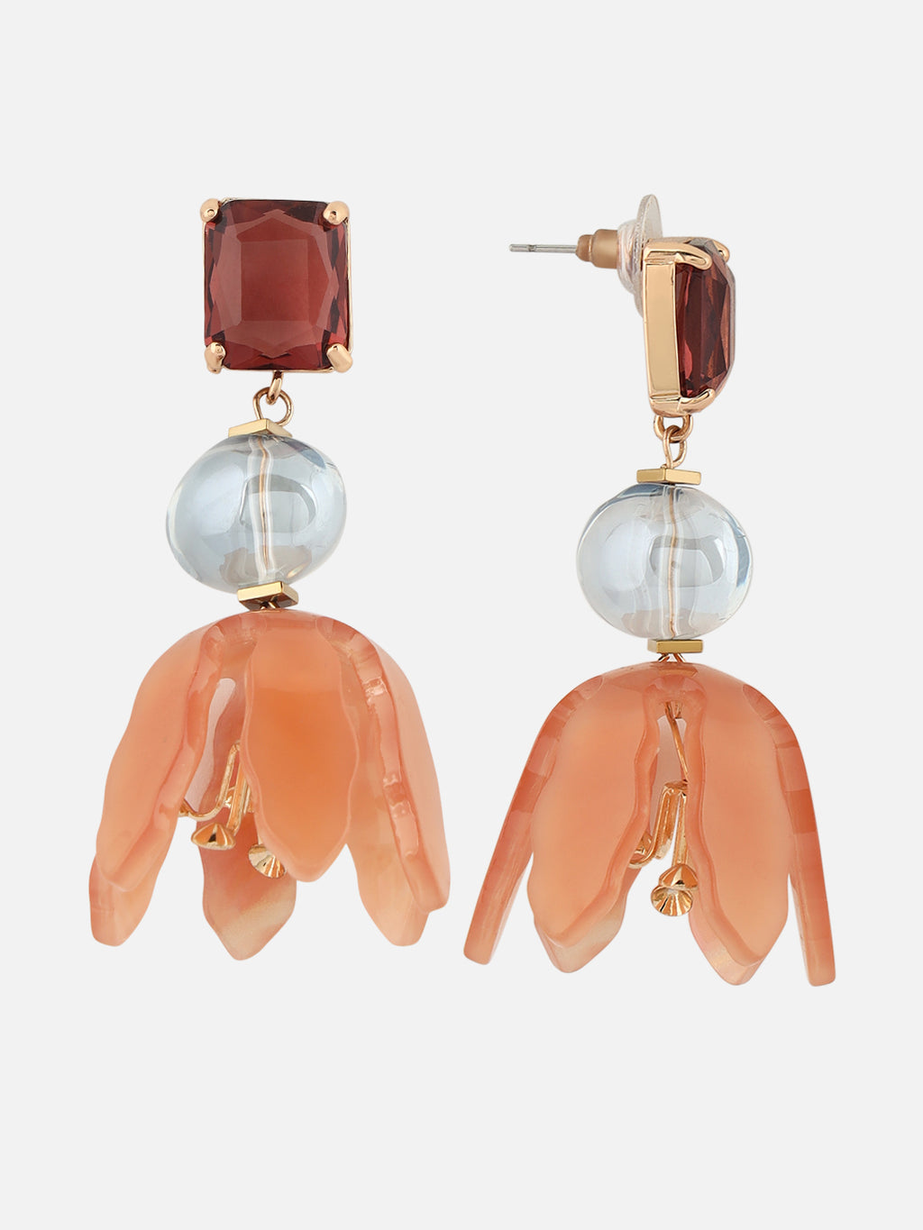 Beatnik Drop Earrings with Floral Resin Design & Gemstone Detailing (Brown)