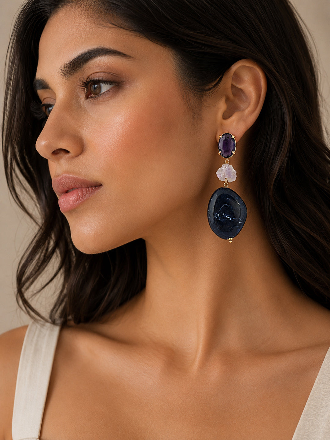 Gold-Plated Western Style Drop Navy Blue Earrings