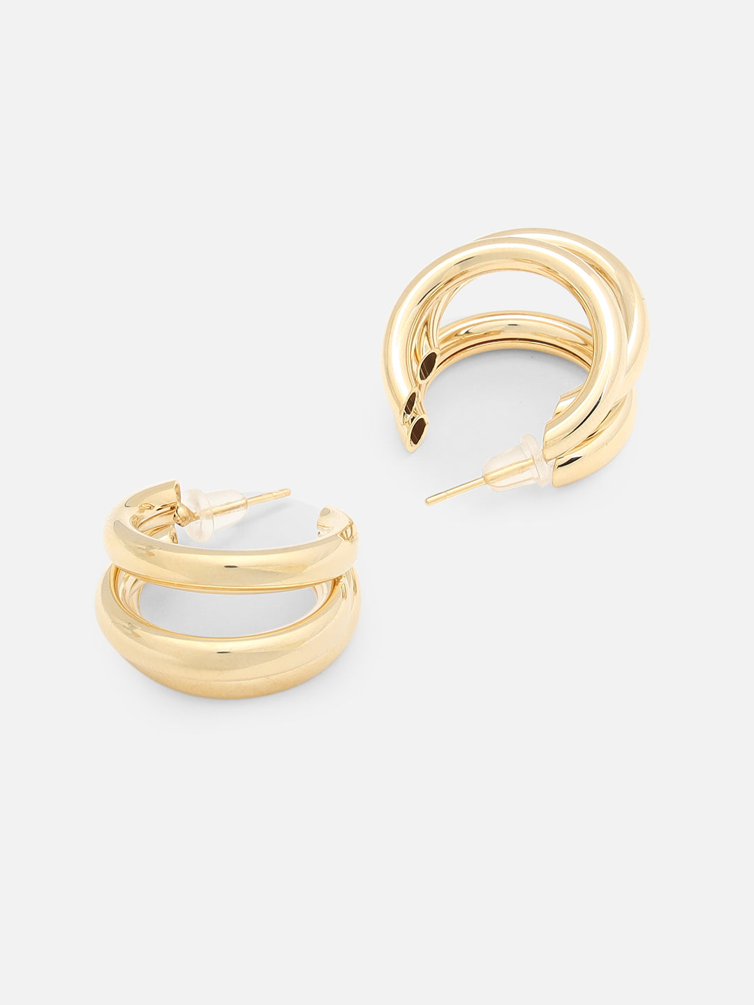 Beatnik Chunky Triple Hoop Gold-Tone Statement Earrings for Women (Gold)