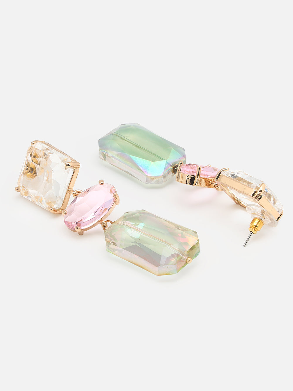 Gold-Plated Artificial Stone Geometric Drop Earrings (Green)
