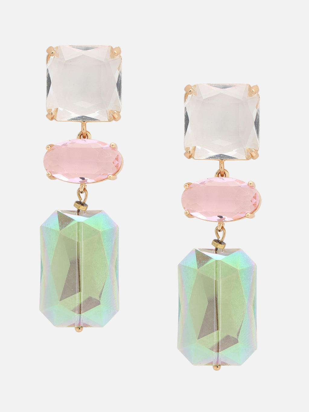 Gold-Plated Artificial Stone Geometric Drop Earrings (Green)