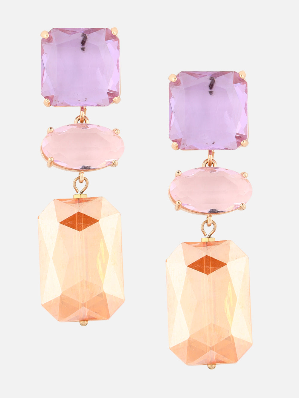 Gold-Plated Artificial Stone Geometric Drop Earrings (Pink)