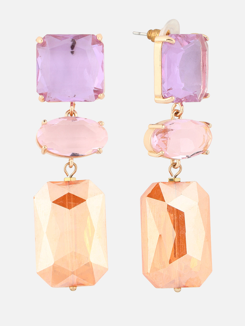 Gold-Plated Artificial Stone Geometric Drop Earrings (Pink)