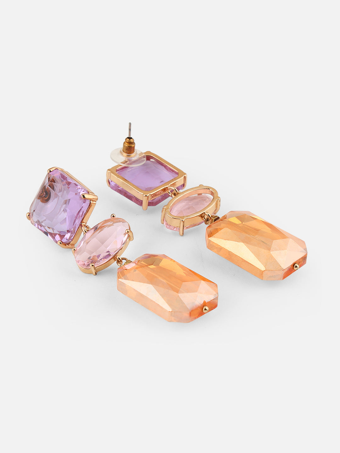 Gold-Plated Artificial Stone Geometric Drop Earrings (Pink)