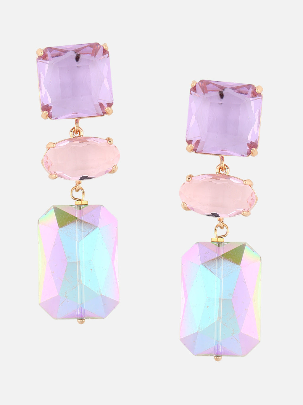 Gold-Plated Artificial Stone Geometric Drop Earrings (Purple)