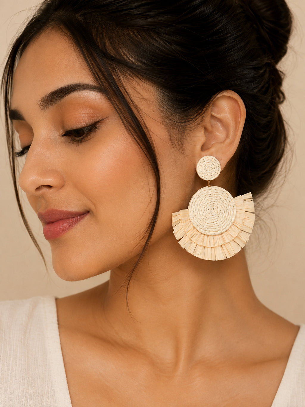 Ivory Woven Flower Drop Earrings – Boho Statement Earrings for Women