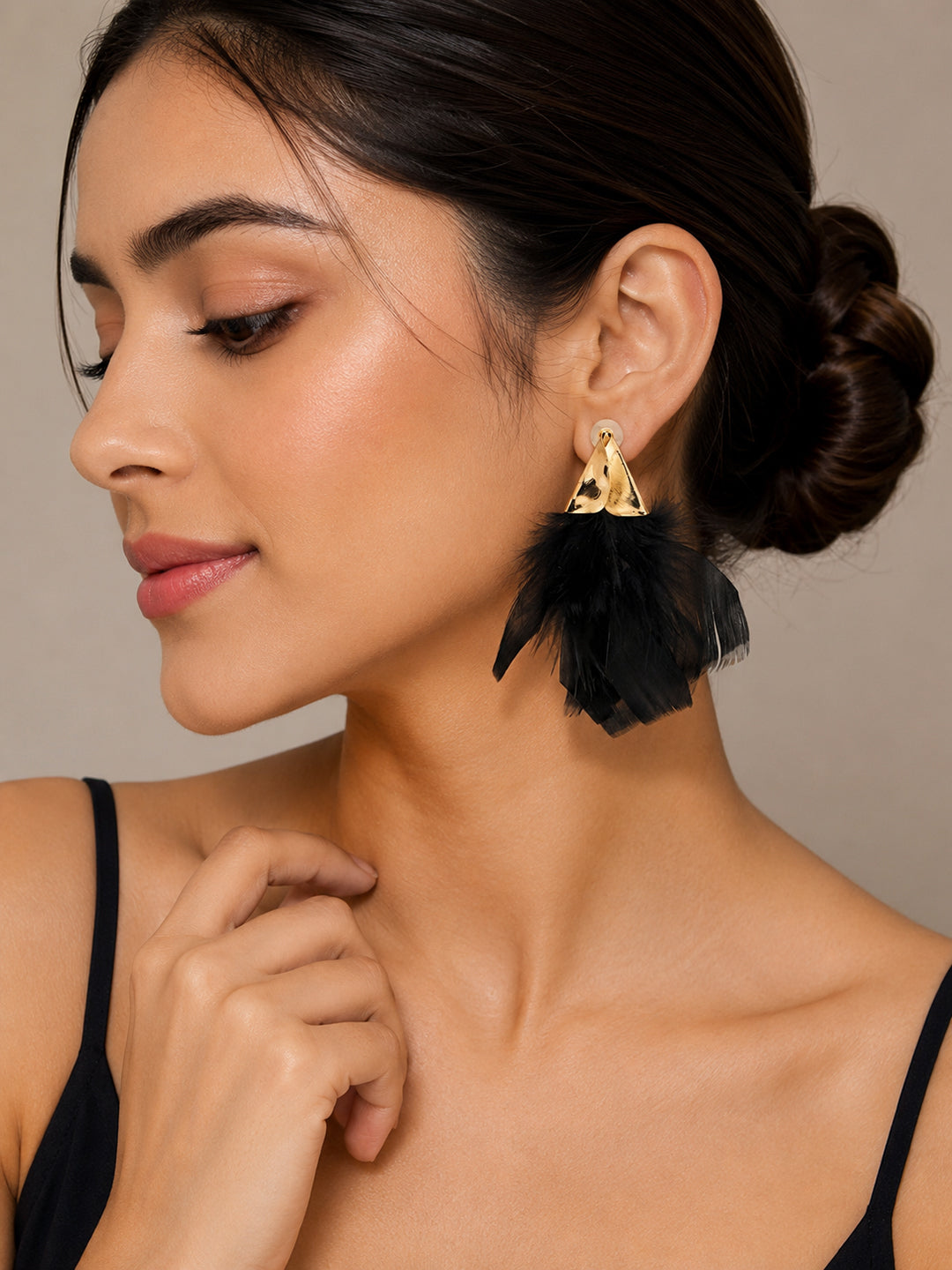 Black Gold-Plated Stylish Drop Feather Earrings