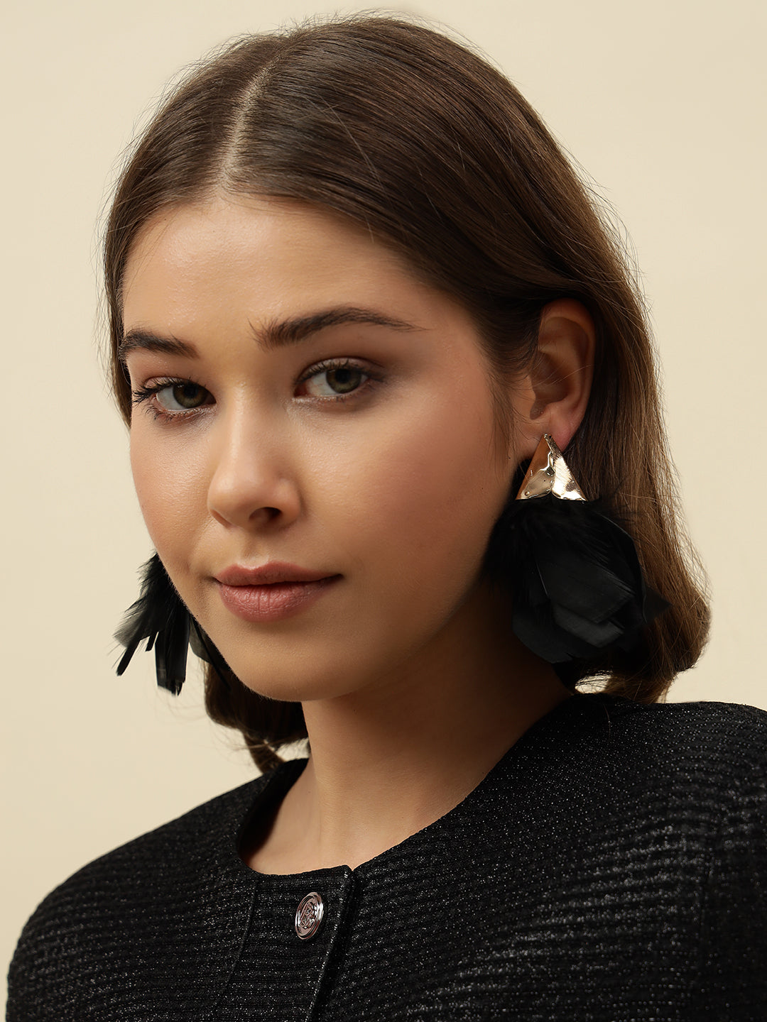 Black Gold-Plated Stylish Drop Feather Earrings