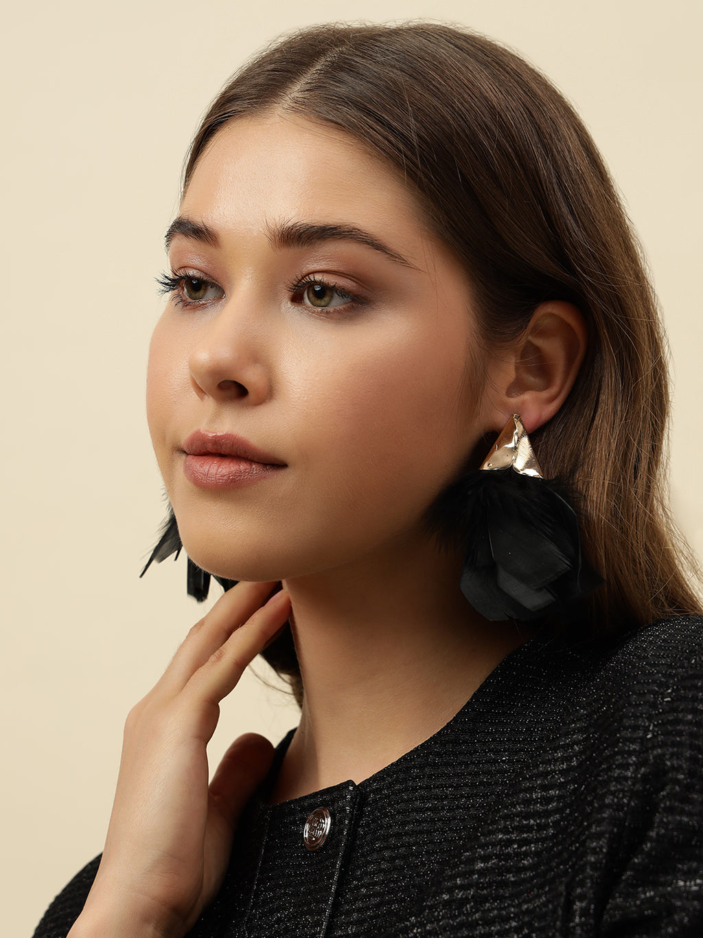 Black Gold-Plated Stylish Drop Feather Earrings