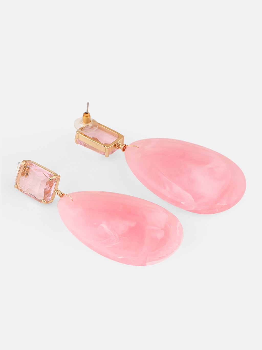 Pink Square Stone Teardrop-Shaped Drop Earrings