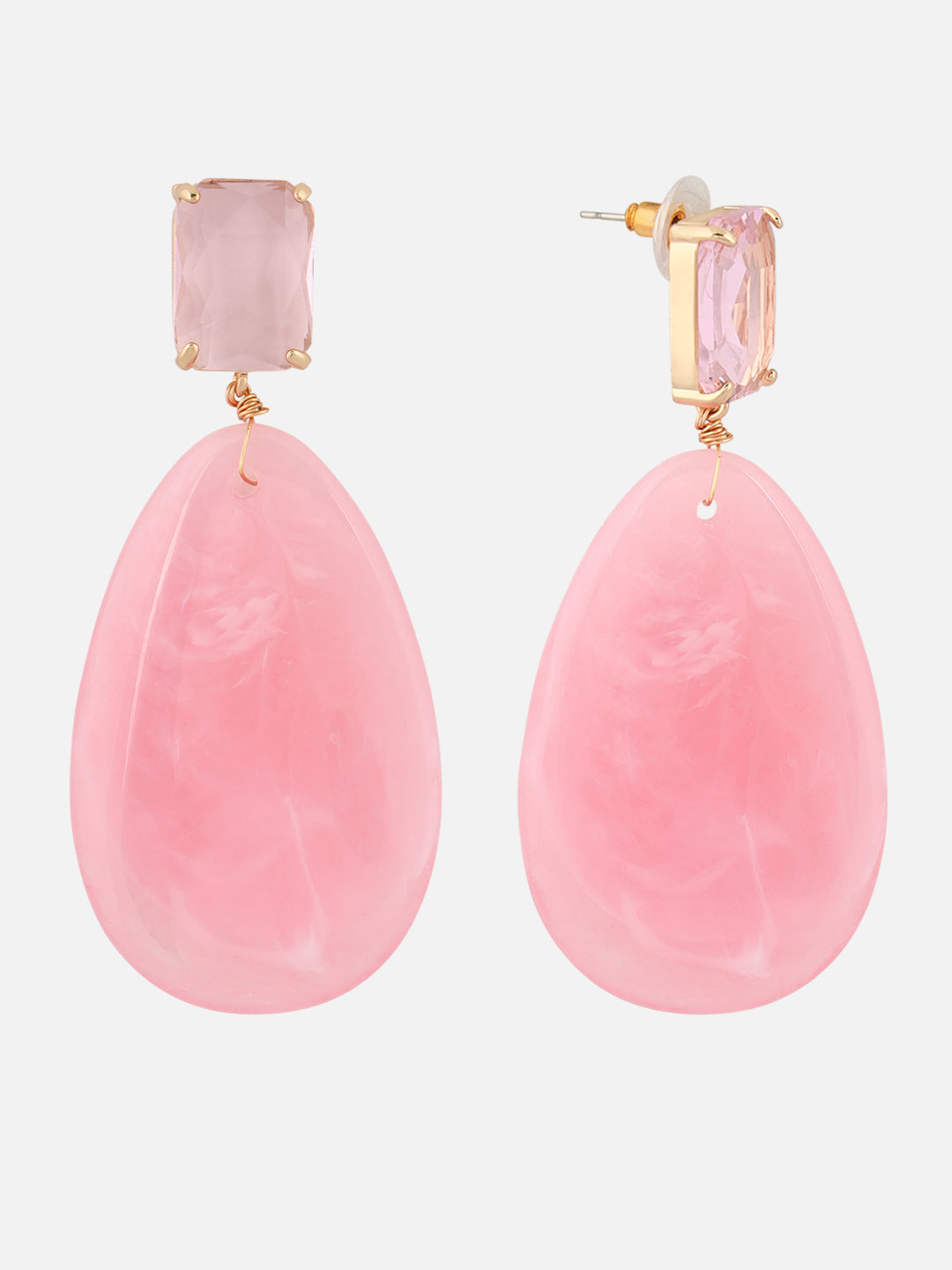 Pink Square Stone Teardrop-Shaped Drop Earrings