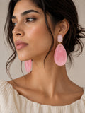 Pink Square Stone Teardrop-Shaped Drop Earrings