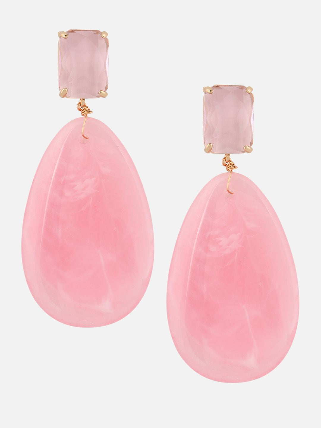 Pink Square Stone Teardrop-Shaped Drop Earrings