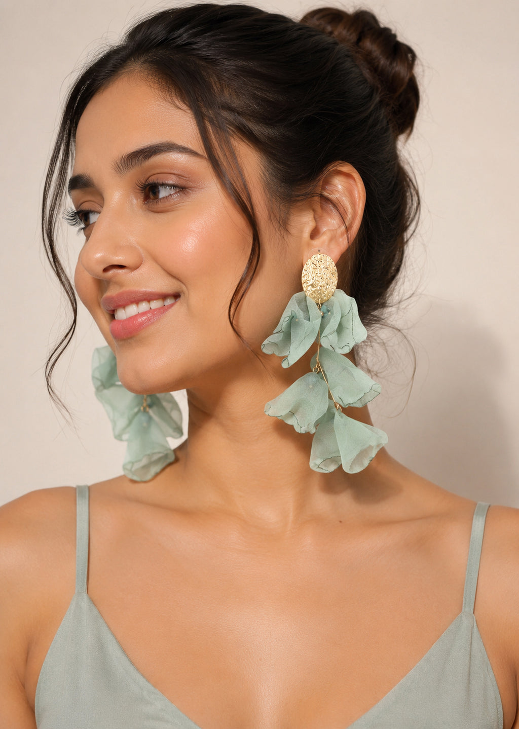Gold-Plated Fabric Contemporary Drop Green Earrings