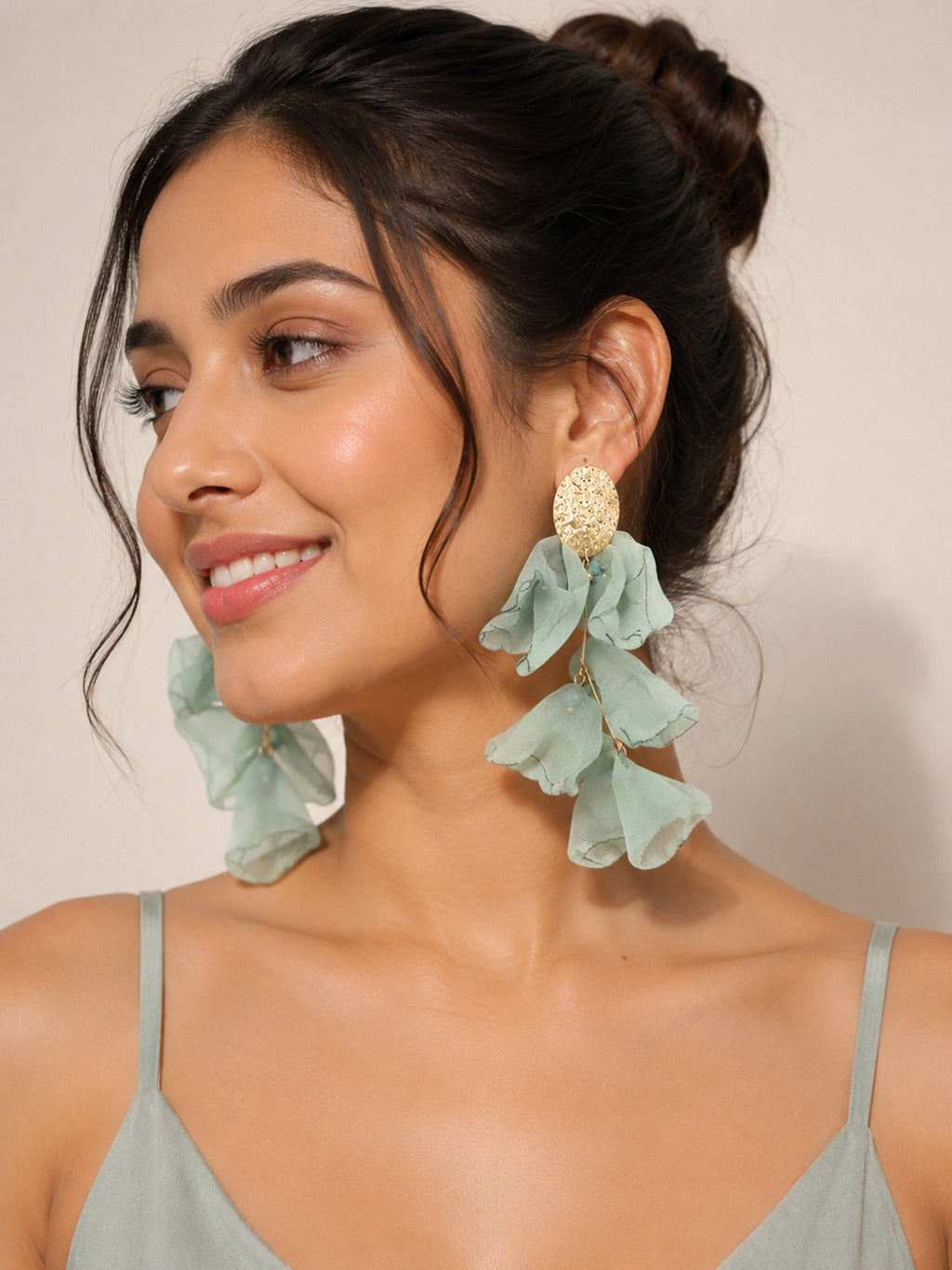 Fabric Contemporary Drop Green Earrings