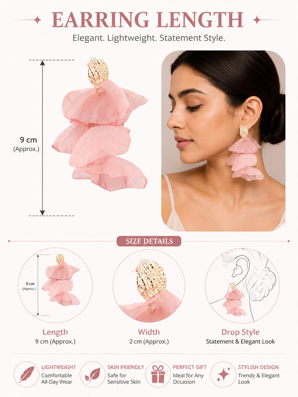 Gold-Plated Fabric Contemporary Drop Pink Earrings