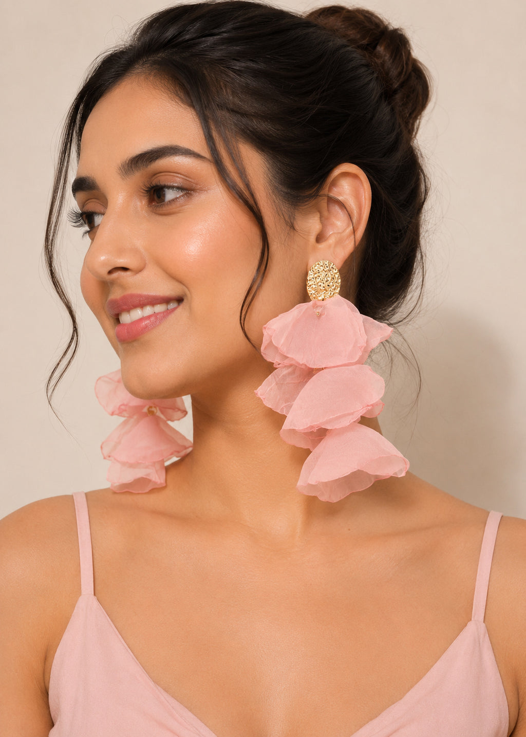Gold-Plated Fabric Contemporary Drop Pink Earrings