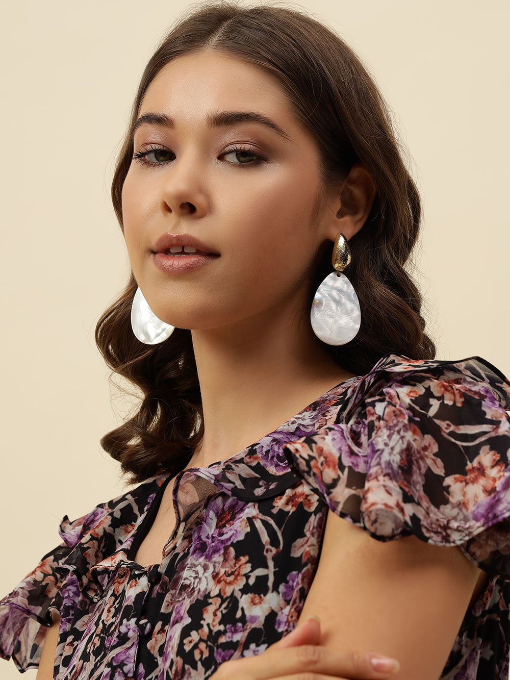 Beatnik Women's Off-White Fabric Floral Drop Earrings, Gold-Plated Western Style Fashion Jewelry