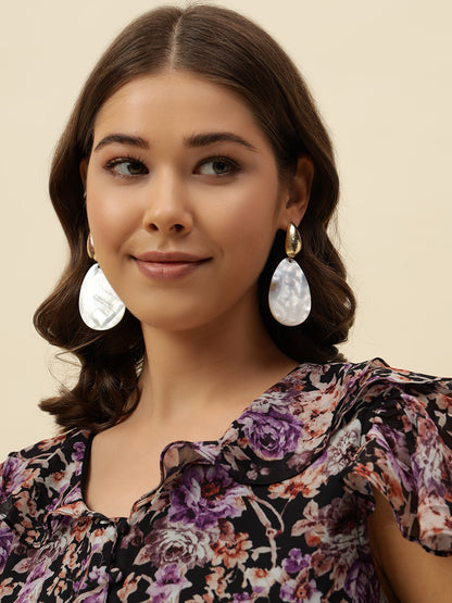 Beatnik Women's Off-White Fabric Floral Drop Earrings, Gold-Plated Western Style Fashion Jewelry