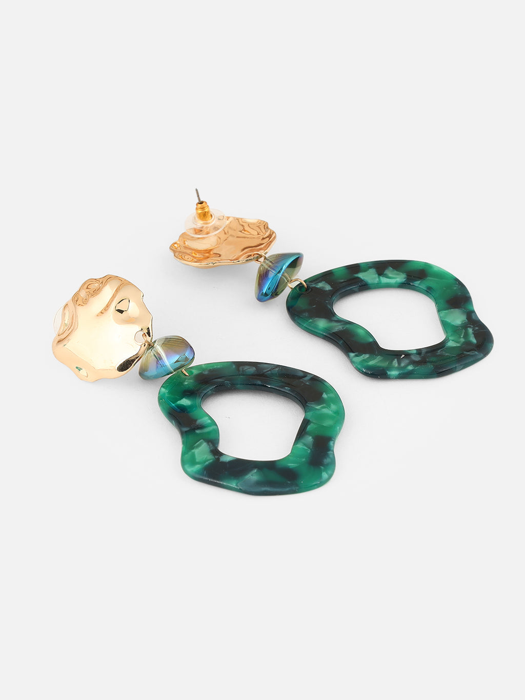 Dark Green Marble Resin Contemporary Shaped Drop Earrings