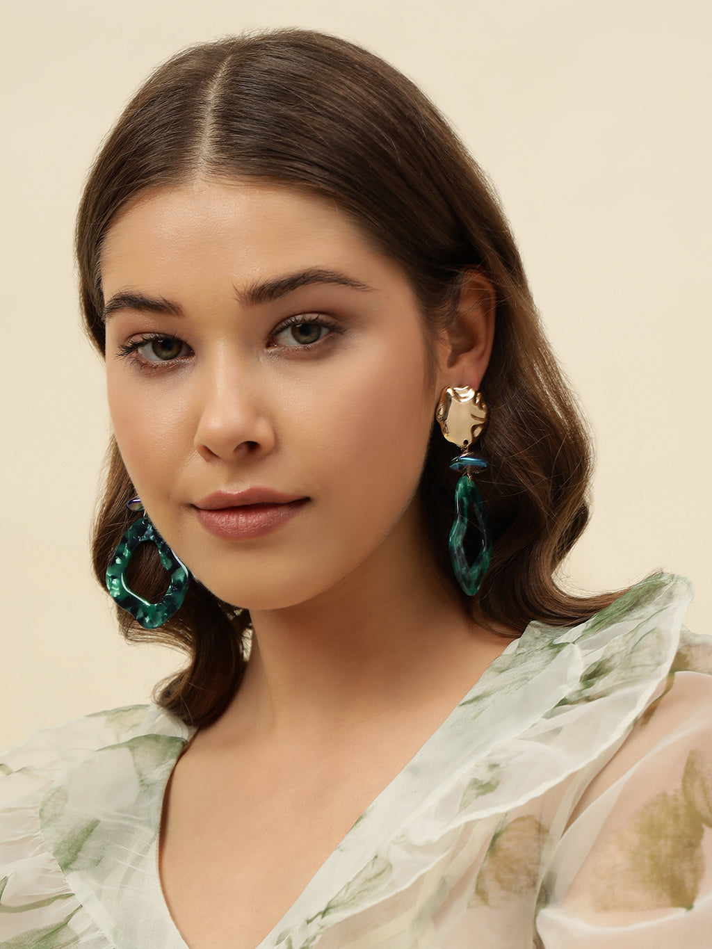 Dark Green Marble Resin Contemporary Shaped Drop Earrings