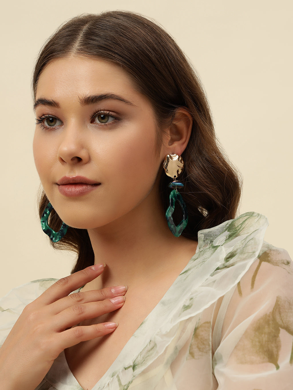 Dark Green Marble Resin Contemporary Shaped Drop Earrings