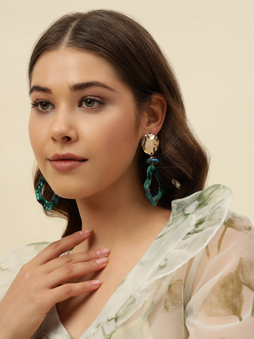 Dark Green Marble Resin Contemporary Shaped Drop Earrings