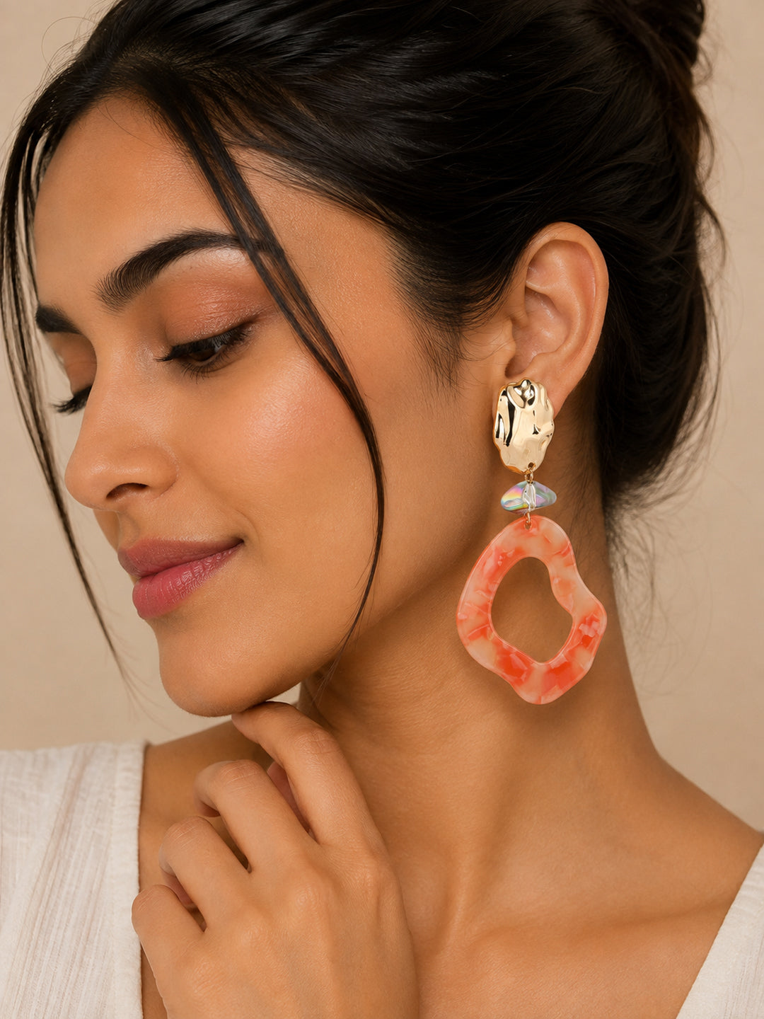 Orange Marble Resin Contemporary Shaped Drop Earrings