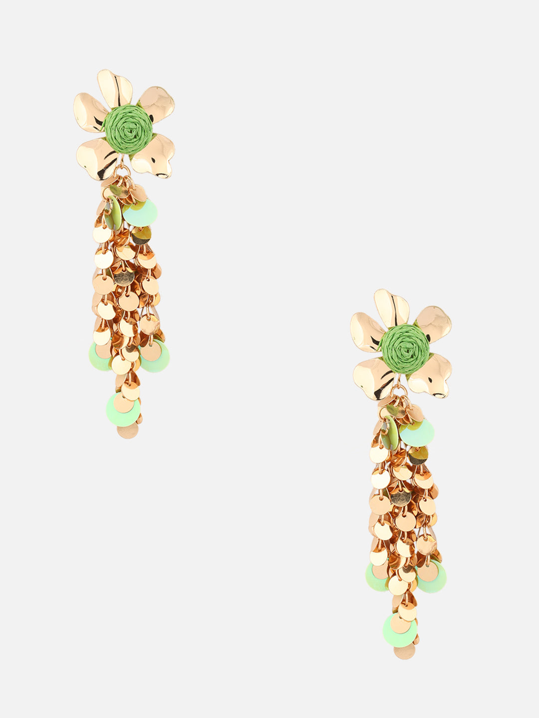 Gold-Plated Floral Shaped Drop Green Earrings