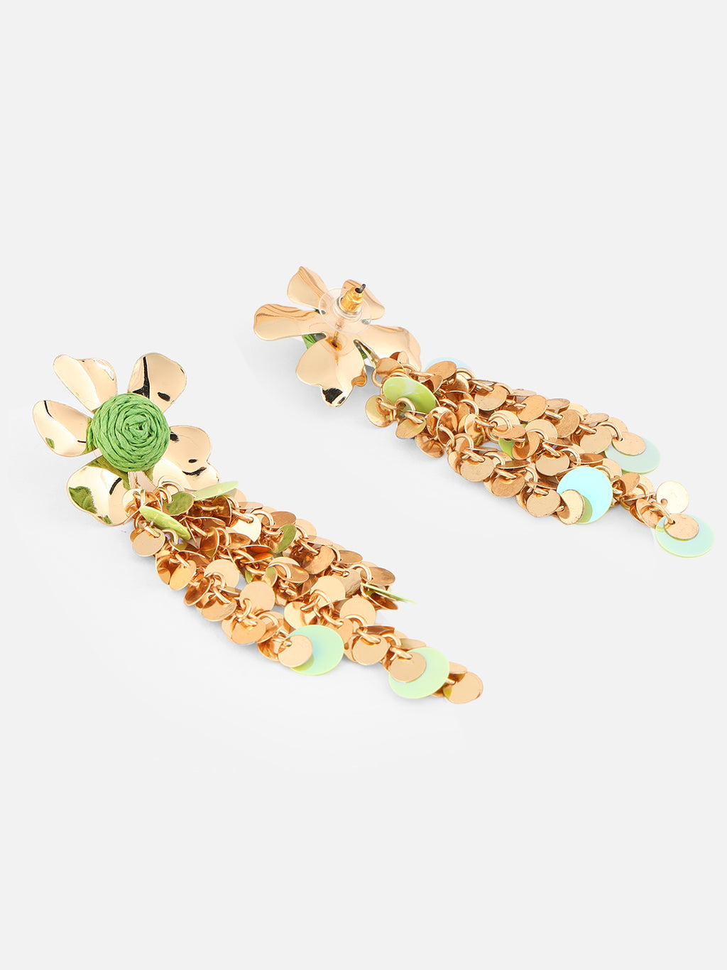 Gold-Plated Floral Shaped Drop Green Earrings