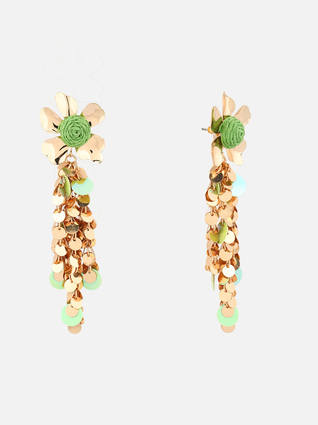 Gold-Plated Floral Shaped Drop Green Earrings